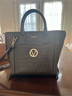 Valentino Green Croc-Embossed Satchel with Gold Logo